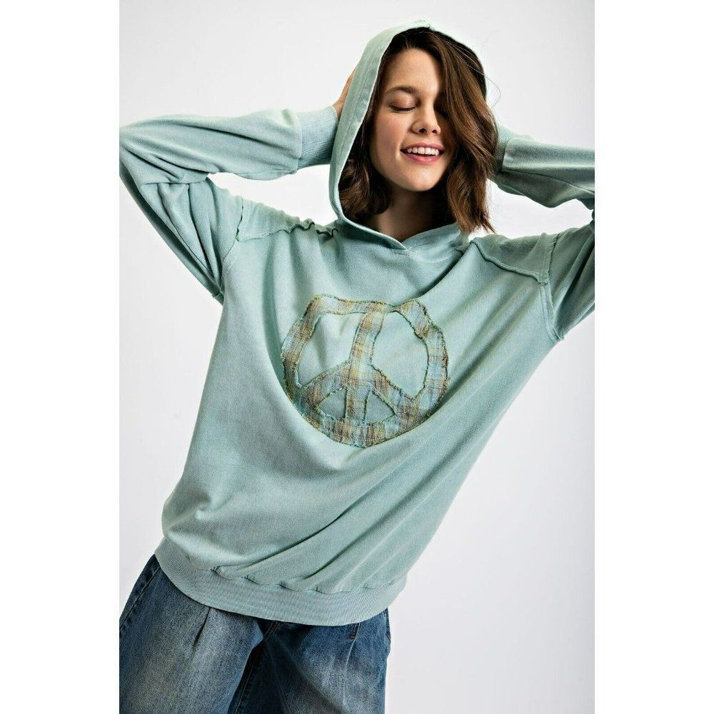 Easel Peacemaker Washed Terry Knit Pullover Hoodie in Seafoam ET22682
